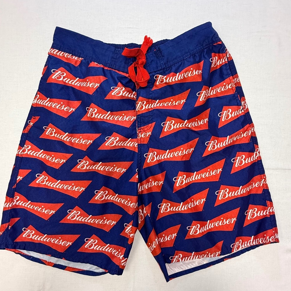 Budweiser Mens Swim Trunks Navy Blue Red All Over Print Logo Board Shorts L